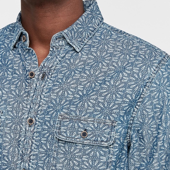 Express Blue Denim Printed Button Down Shirt - Picture 3 of 7